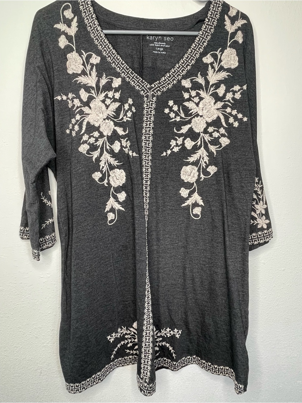 Karyn Seo Tunic Cotton Top Women's Gray Embroidered Boho 3/4 Sleeve V Neck Large